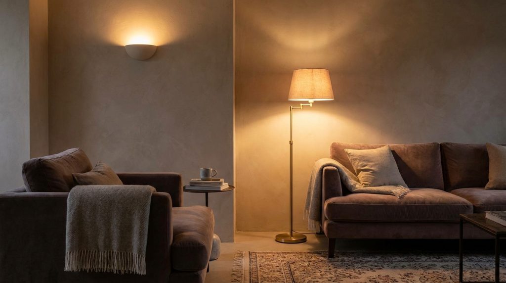 layered warm floor lamp and wall sconce room lighting ideas for small rooms