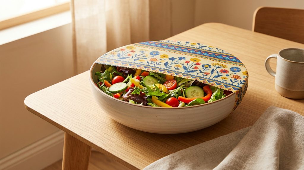 beeswax food wrap covering salad for eco friendly home hacks